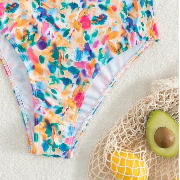 Floral Print Ruched Bust Bandeau One Piece Swimsuit Bathing Suit - Picture 4 of 5